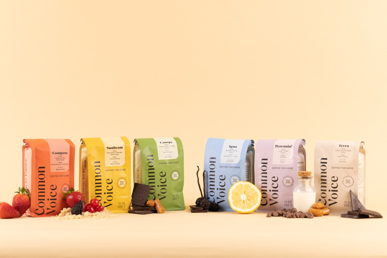 all bags of common voice next to each other with food in front of it