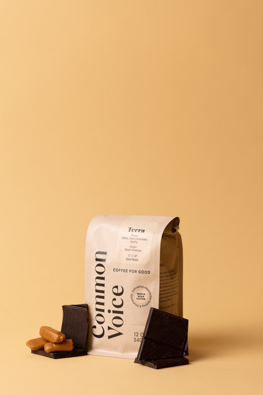 terra coffee bag with chocolate and carmel next to it