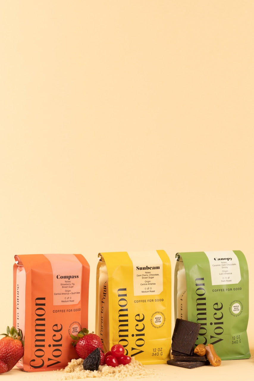 three coffee bags next to each other