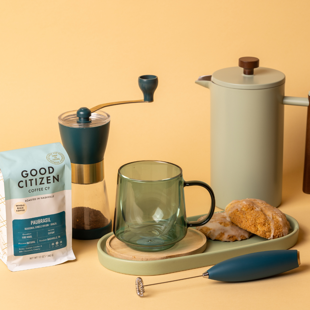 nesting tray with mug and other coffee accessories