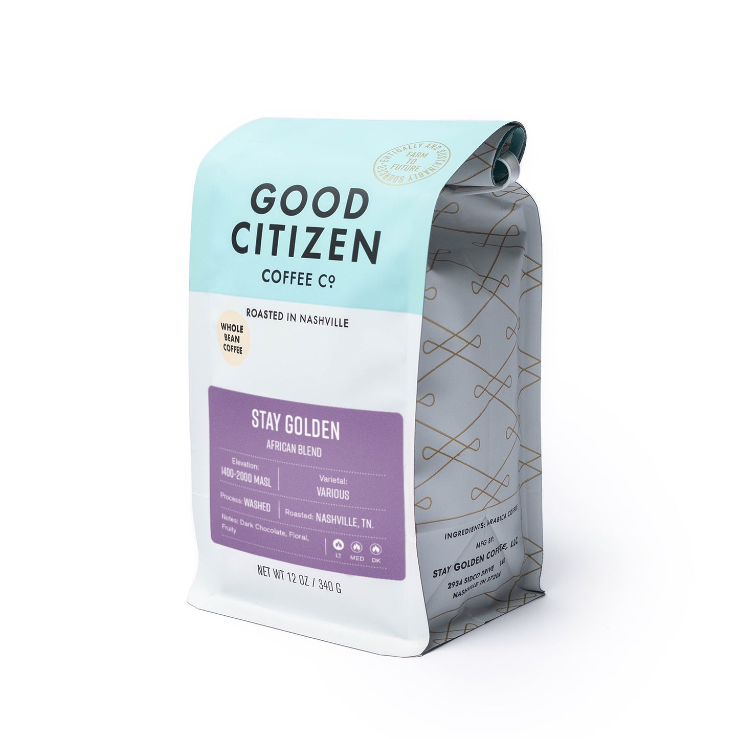 Stay Golden coffee bag 12 oz side view