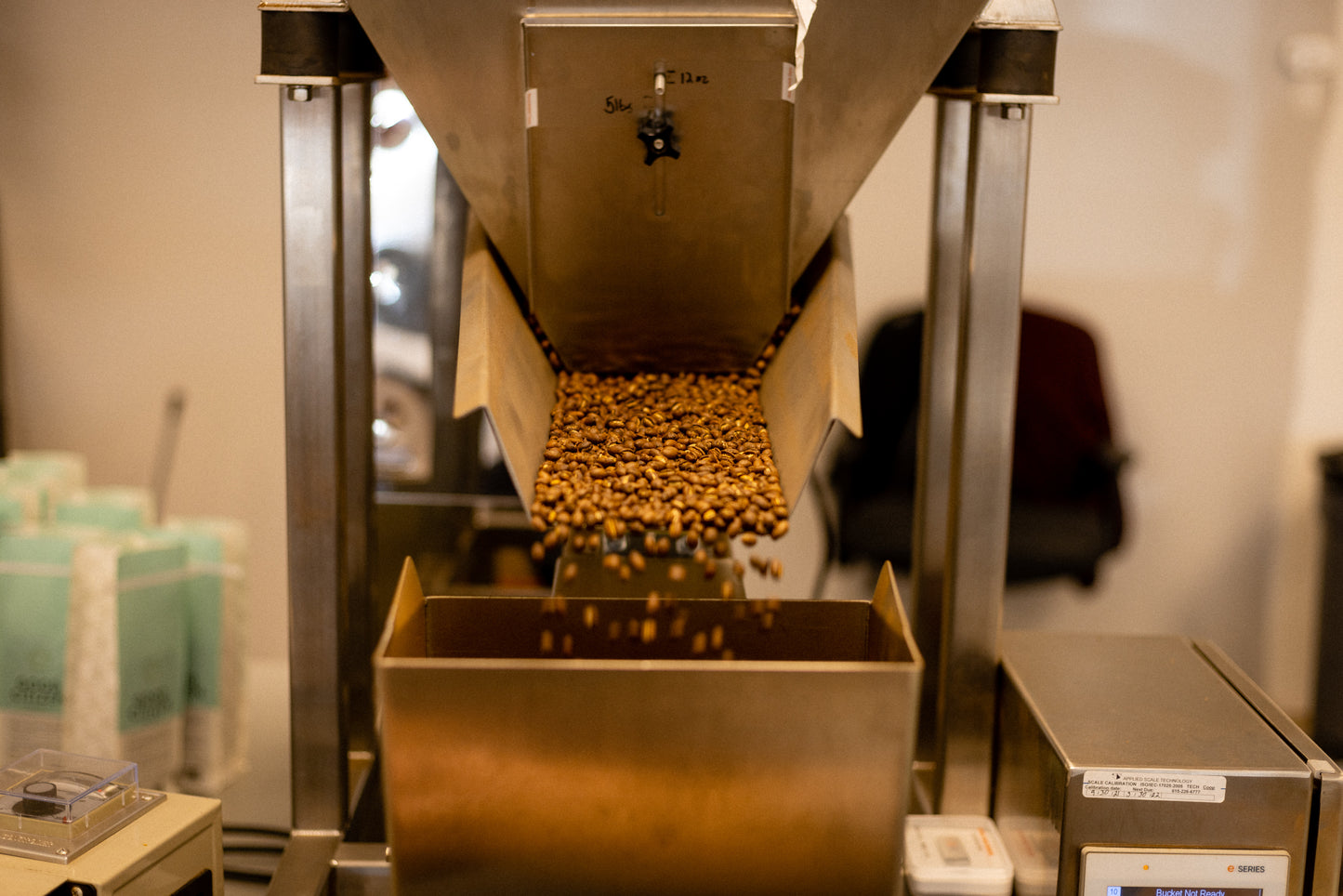 Common Voice Coffee coming off the roaster and ready to be bagged