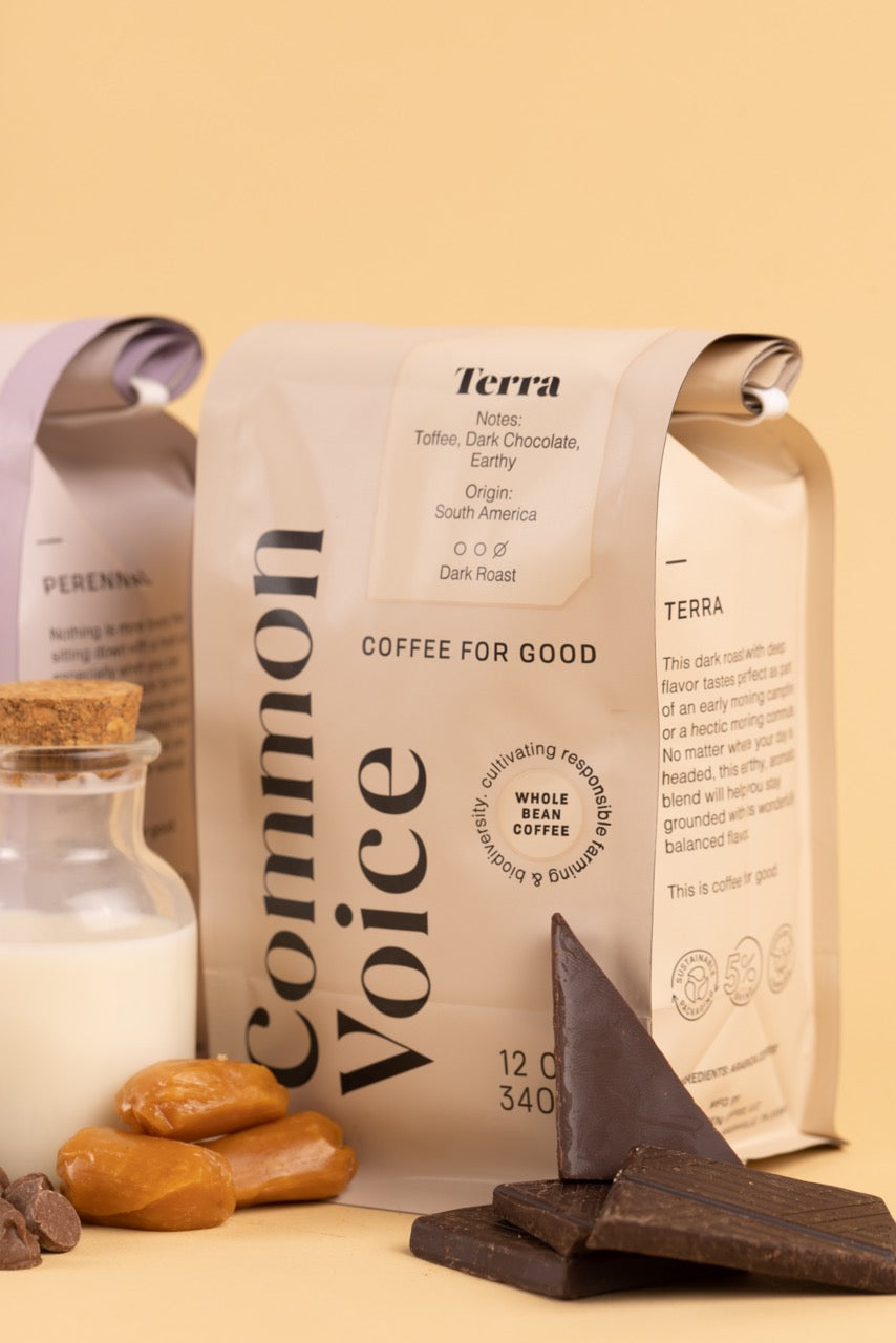 terra coffee bag with chocolate next to it