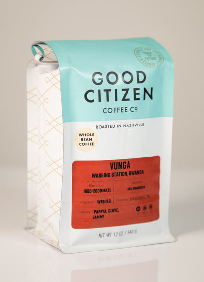 Left side view of Good Citizen bag with Rwanda Vunga Washing Station Label