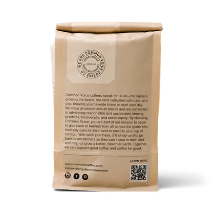 Terra Common Voice Coffee bag in a tan color - back of bag