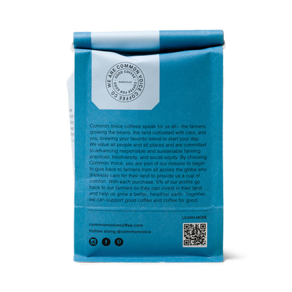 Back of bag of Agua Common Voice Coffee