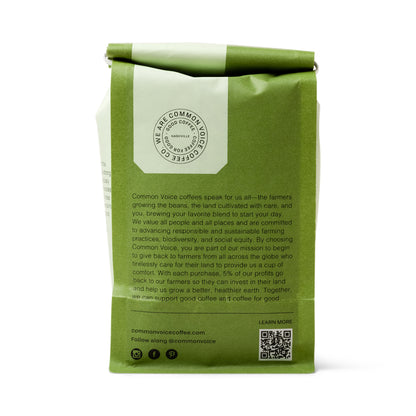 Canopy Common Voice Coffee bag in a dark green color - back of bag