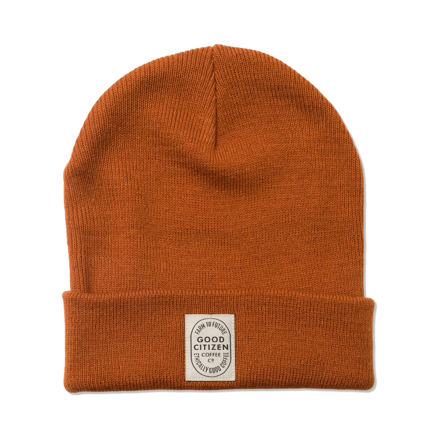orange-red beanie with small white logo which says "Good Citizen" on the bottom which is folded up