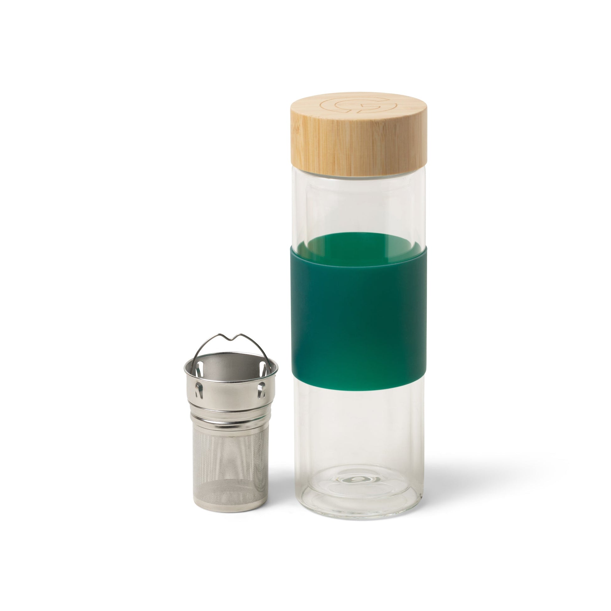 To-Go Tea Infuser Tumbler side by side teal band and infuser drop in