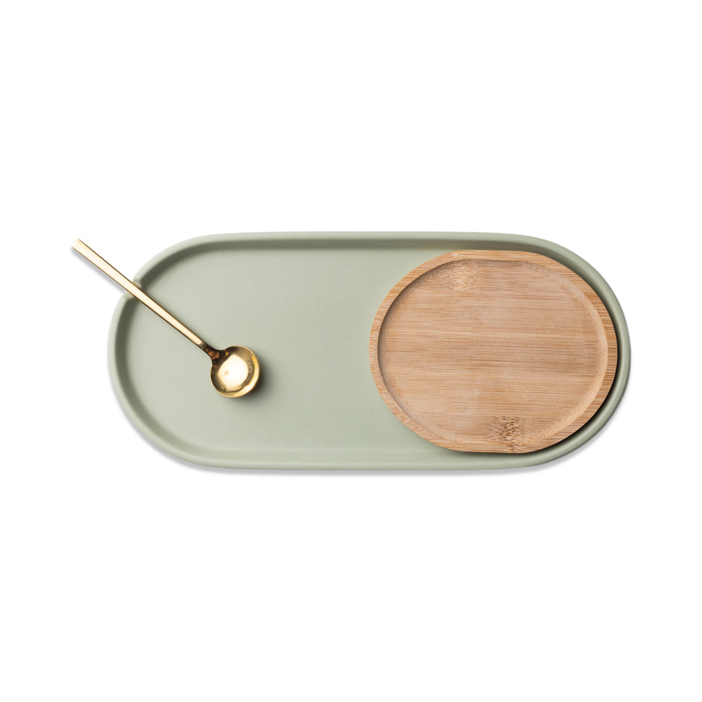Nesting Tray - Cool ceramic tray with nesting bamboo bowl holder and brass spoon